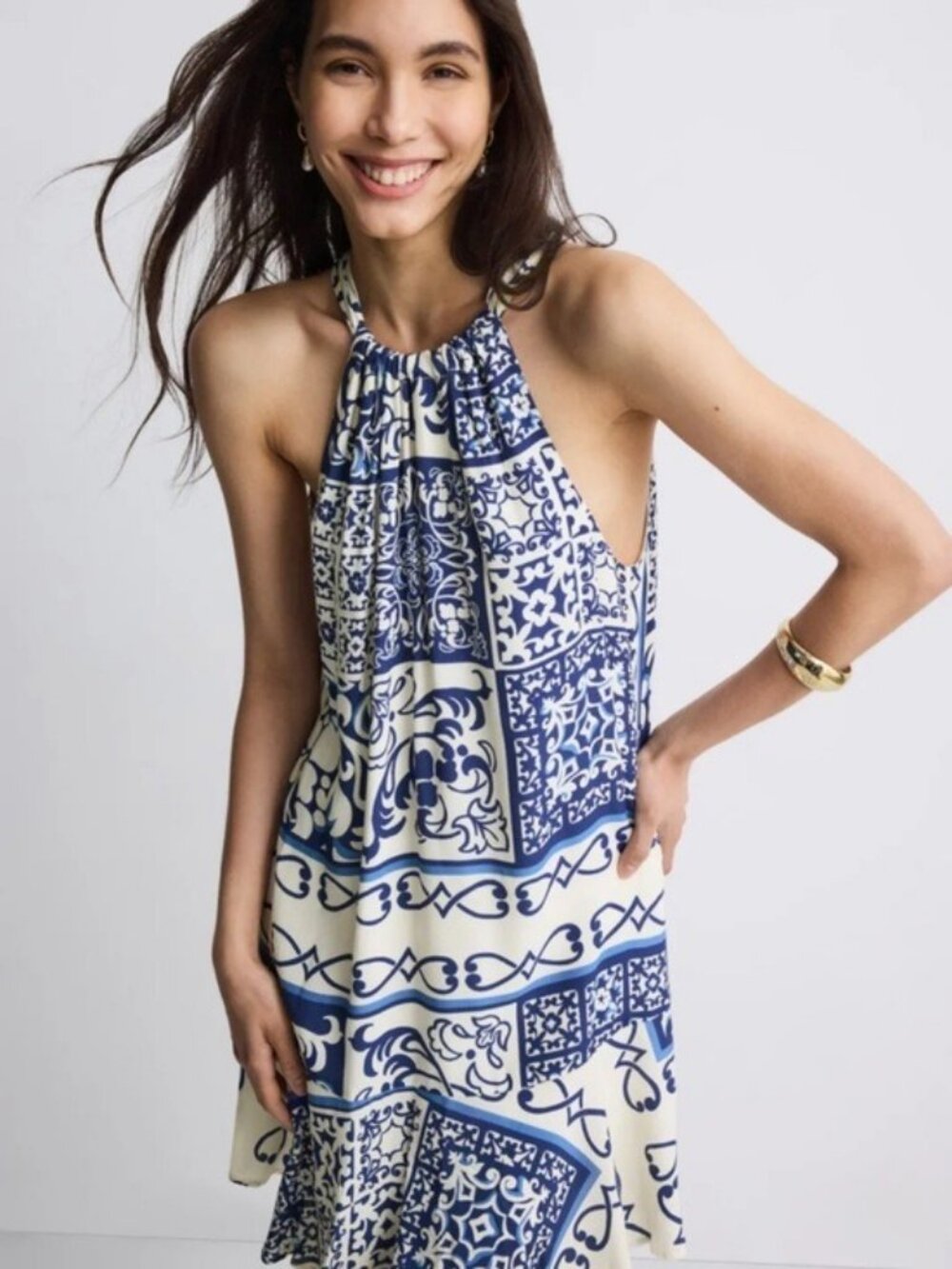 FIFTEEN TWENTY ruffle hem dress blue and White XS